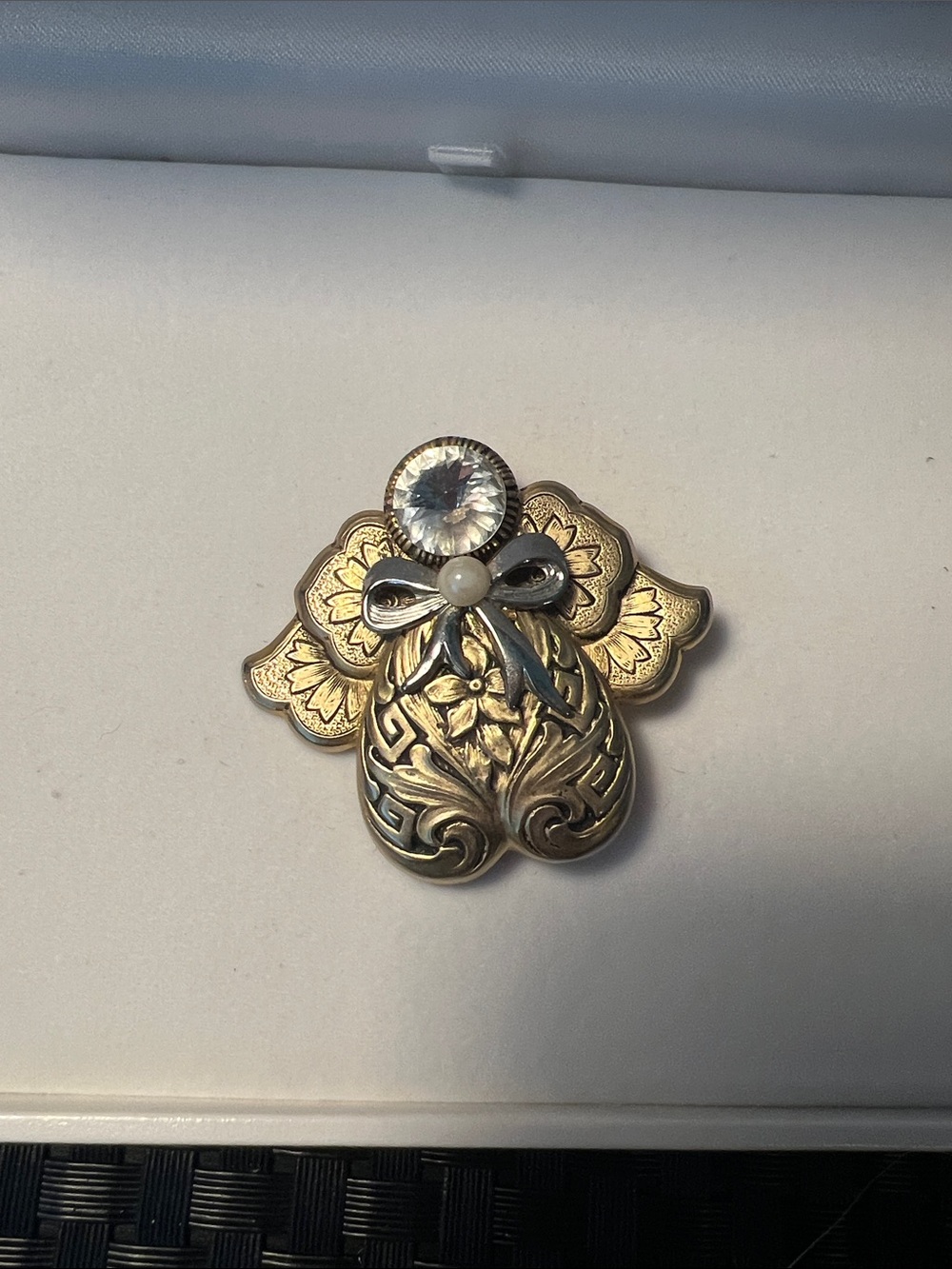 Vintage 90s Jane Davis Gold Tone Angel Brooch with Clear Crystal